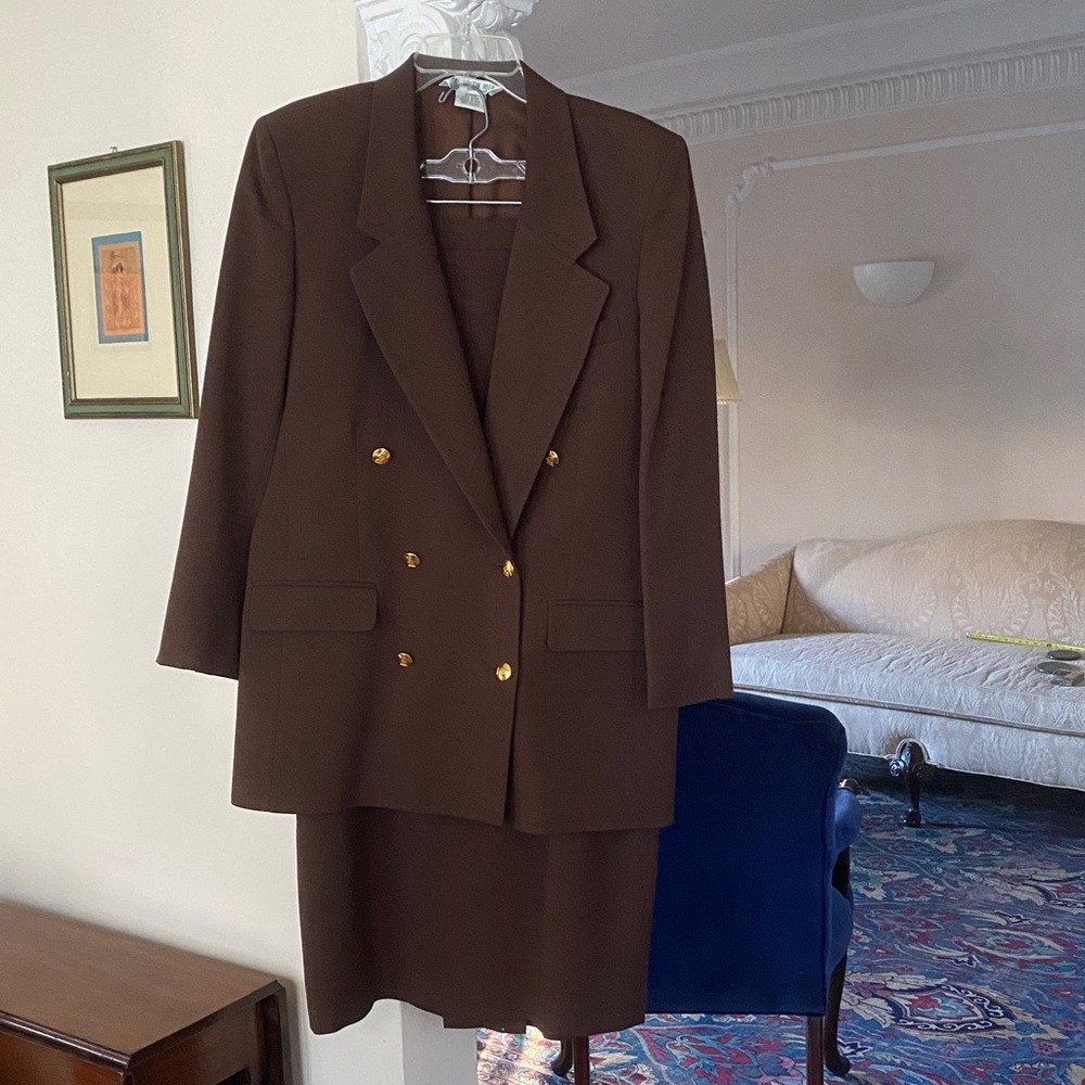 Austin Reed Brown 100% Wool Double Breasted Jacket & Pencil Skirt Suit 12
